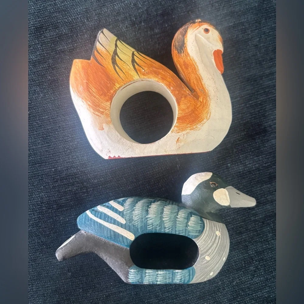 6 Vintage Hand Carved Wooden Bird Napkin Rings 3-4” each